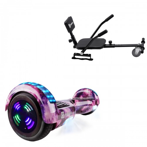 Pachet Hoverboard 6.5 inch cu Scaun Confort, Regular Galaxy Pink Junior, Autonomie Standard si Hoverkart cu Burete Negru, Smart Balance