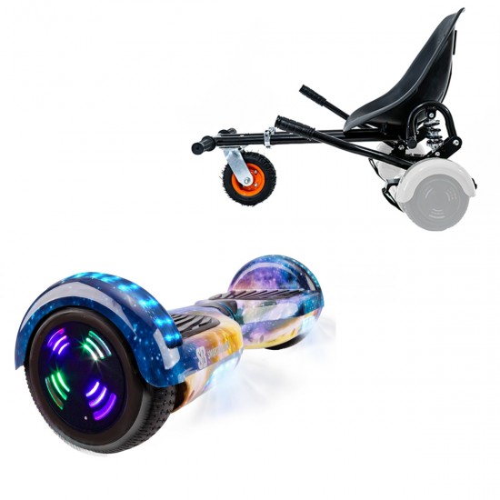 Pachet Hoverboard 6.5 inch cu Scaun cu Suspensii, Regular Galaxy Orange Junior, Autonomie Standard si Hoverkart Negru cu Suspensii Duble, Smart Balance