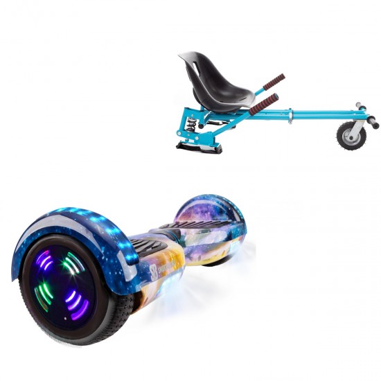 Pachet Hoverboard 6.5 inch cu Scaun cu Suspensii, Regular Galaxy Orange Junior, Autonomie Standard si Hoverkart Albastru cu Suspensii Duble, Smart Balance