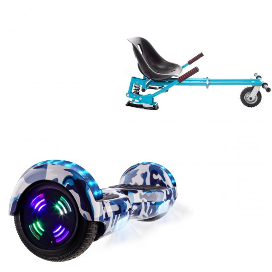 Pachet Hoverboard 6.5 inch cu Scaun cu Suspensii, Regular Camouflage Blue Junior, Autonomie Standard si Hoverkart Albastru cu Suspensii Duble, Smart Balance