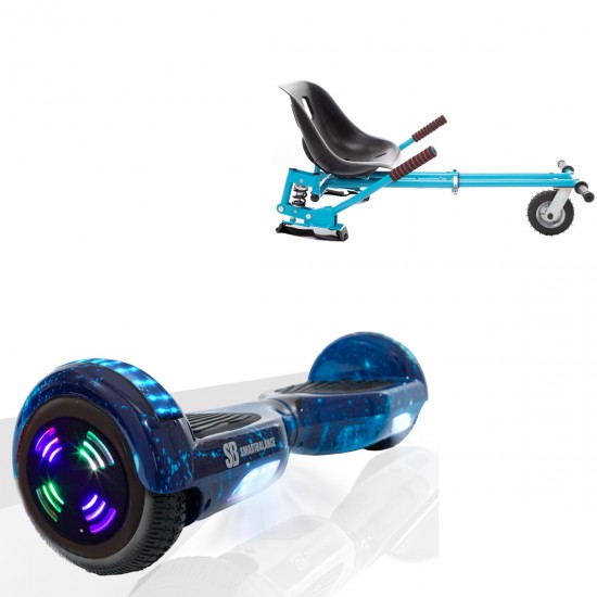 Pachet Hoverboard 6.5 inch cu Scaun cu Suspensii, Regular Galaxy Blue Junior, Autonomie Standard si Hoverkart Albastru cu Suspensii Duble, Smart Balance