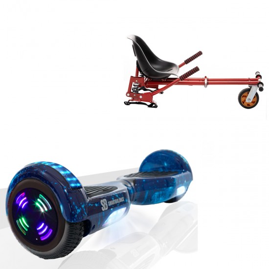 Pachet Hoverboard 6.5 inch cu Scaun cu Suspensii, Regular Galaxy Blue Junior, Autonomie Standard si Hoverkart Rosu cu Suspensii Duble, Smart Balance